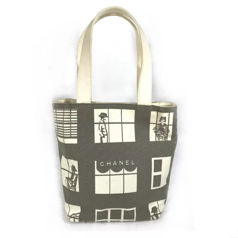 CHANEL Windows line Hand Bag Tote Bag Shoulder Bag Canvas Gray x White
